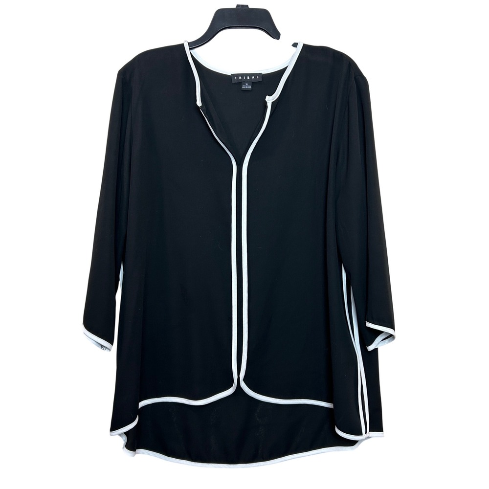 Tribal Blouse Womens XL Black White Contrast Piping 3/4 Sleeve Top Minimalist